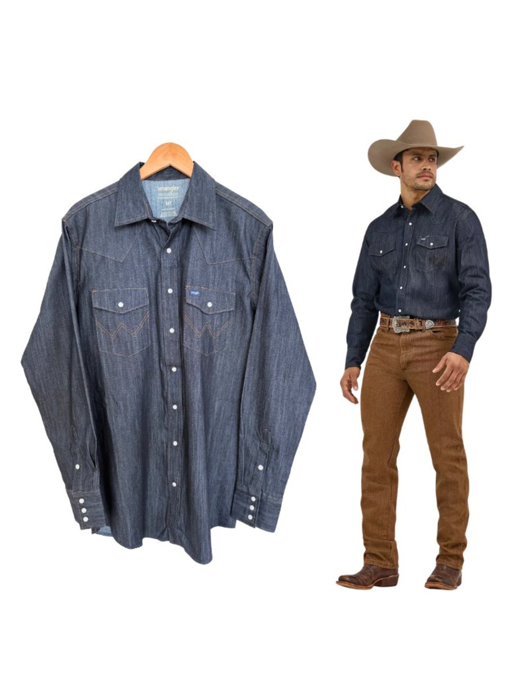 Wrangler Shirt Men MT Medium Tall Denim Premium Performance Cowboy Western